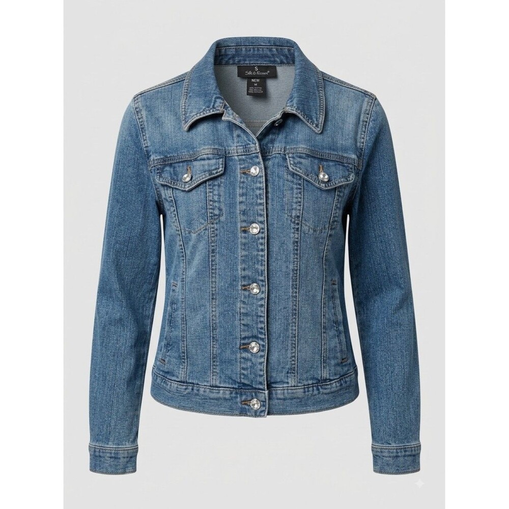 Style & Co Petite Medium Denim Jacket Rhinestone Sparkle Buttons Blue Y2K
